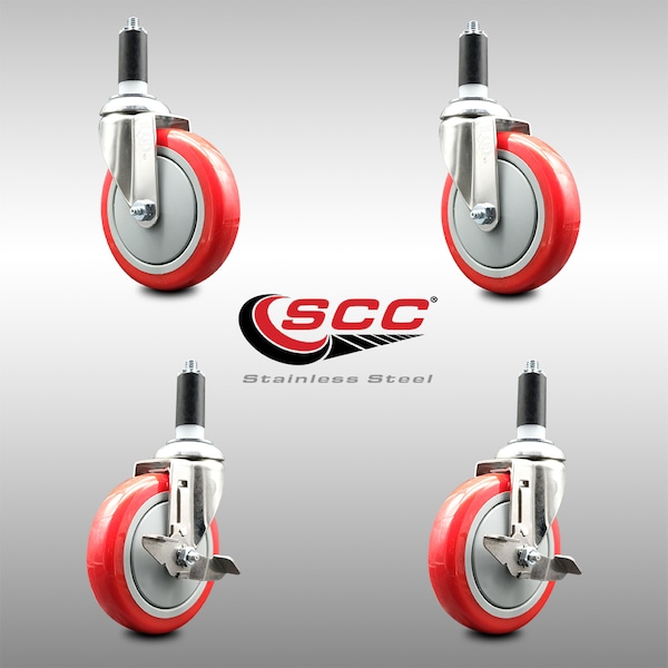 Service Caster 5 Inch 316SS Red Poly Swivel 1-3/8 Inch Expanding Stem Caster Brake SCC, 2PK SS316EX20S514-PPUB-RED-2-TLB-2-138 - main